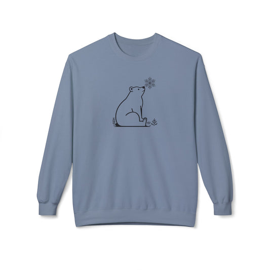 Blue sweatshirt with a bear and flower design on a white background