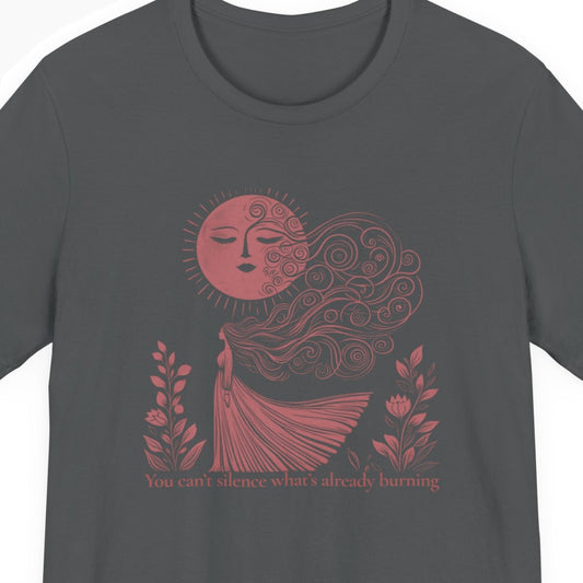 Gray t-shirt with red graphic design on a white background