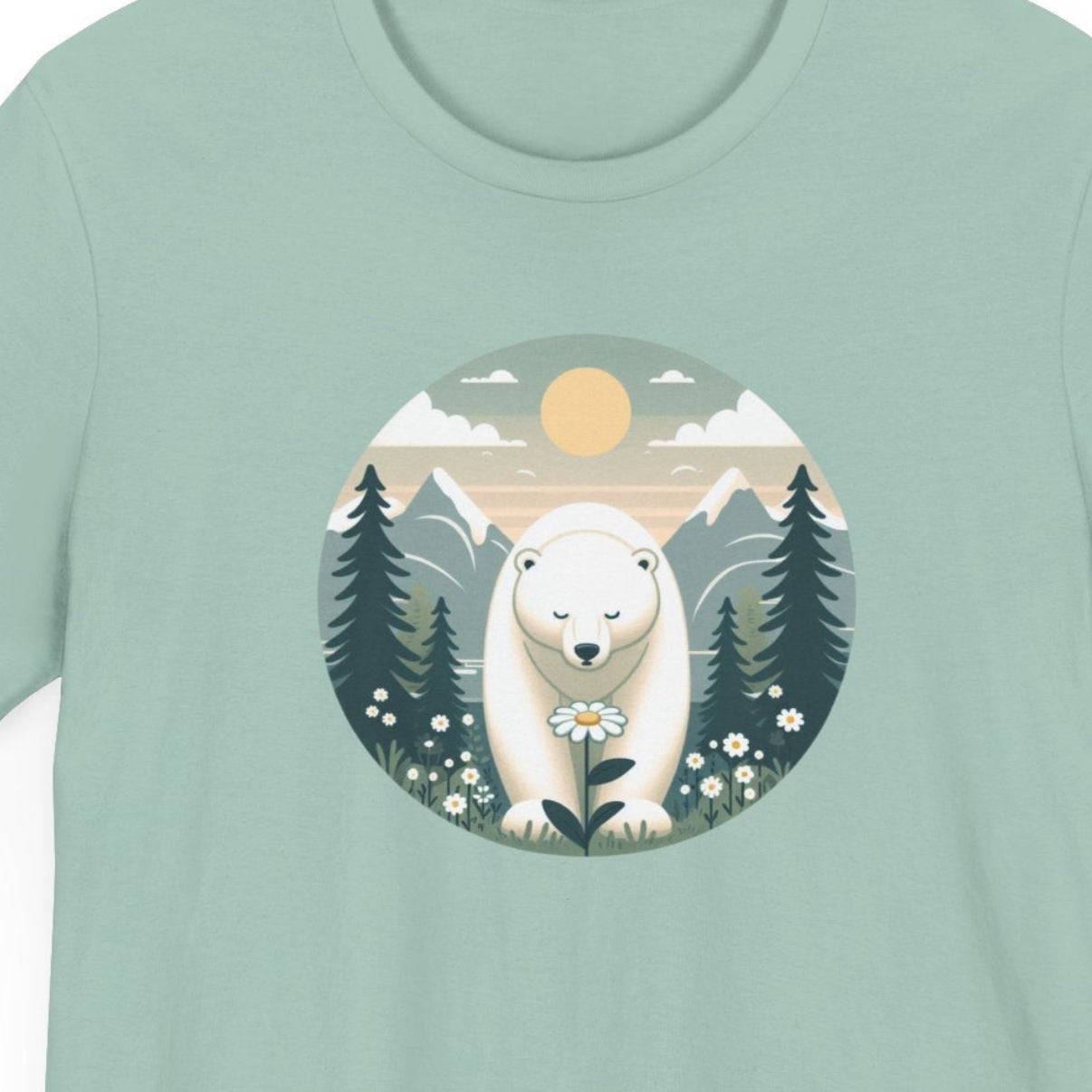 Polar bear graphic tee with daisy flower and pine trees, nature-inspired shirt.