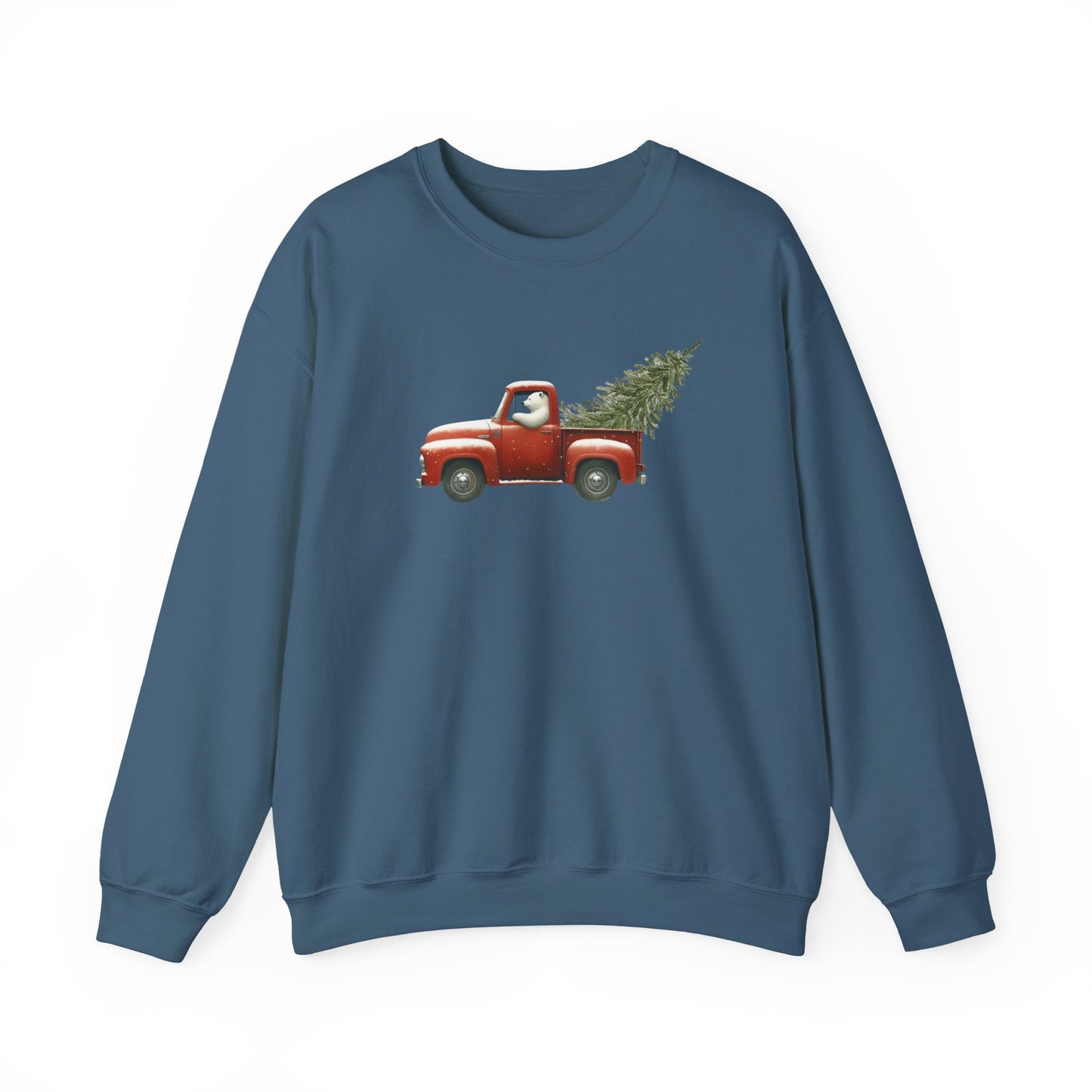 Snowy Christmas Ride, Polar Bear Red Truck Design Sweatshirt