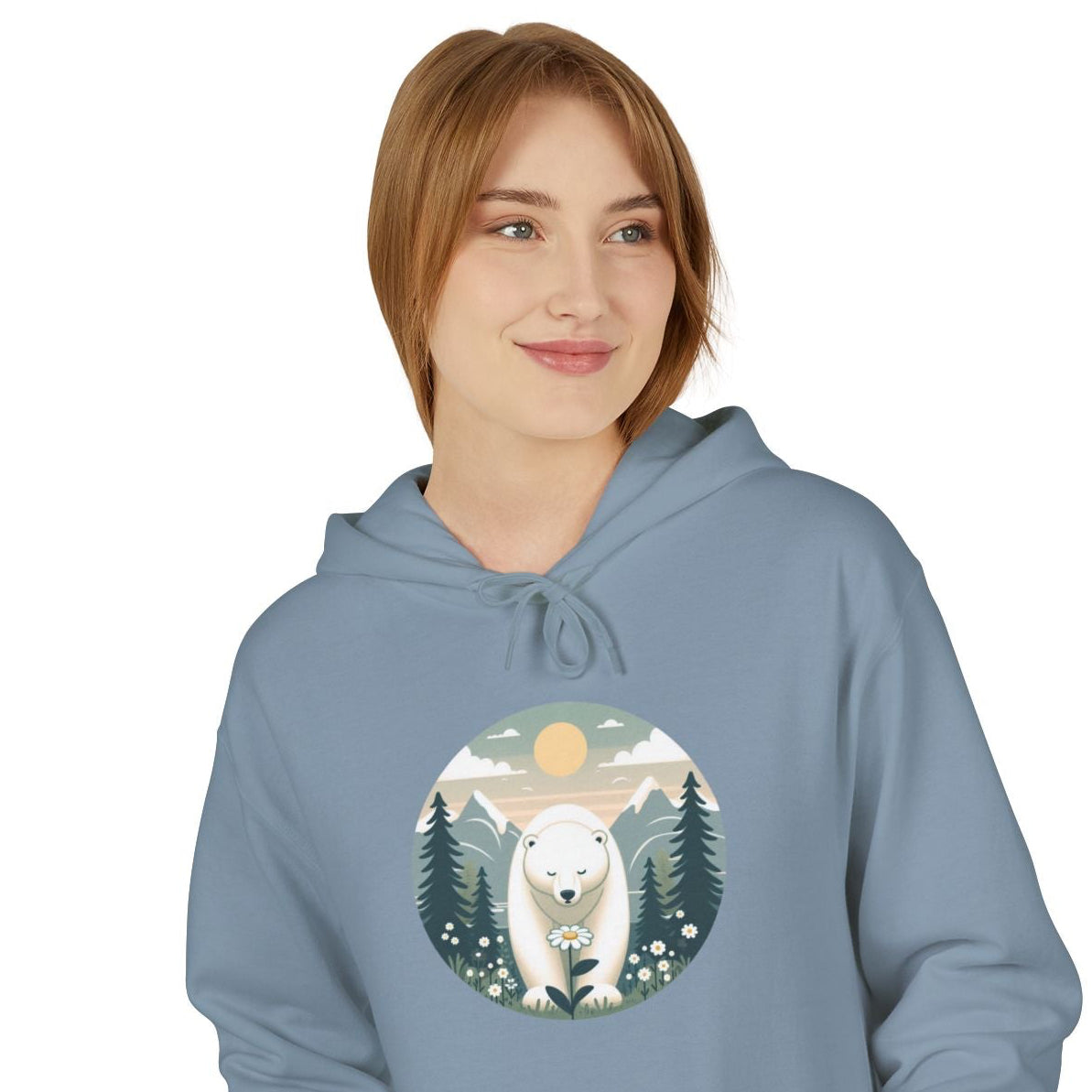 Person wearing a blue hoodie with a polar bear graphic on a white background
