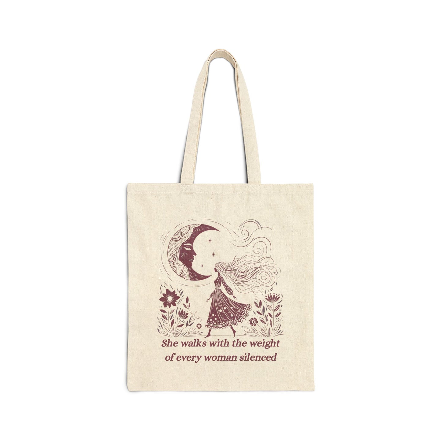 She Walks With the Weight of Every Woman Silenced Tote Bag, Feminist Quote Canvas Tote, Women’s Rights Protest Bag