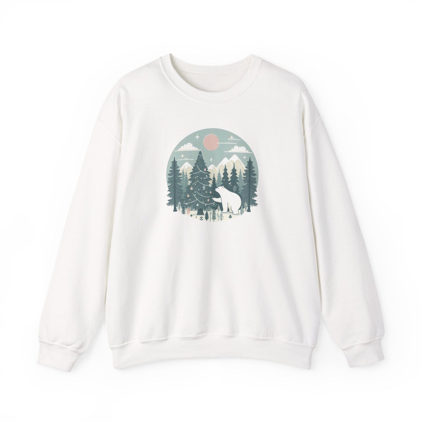 Polar Bear Decorating the Christmas Tree- Winter Forest Graphic Crewneck