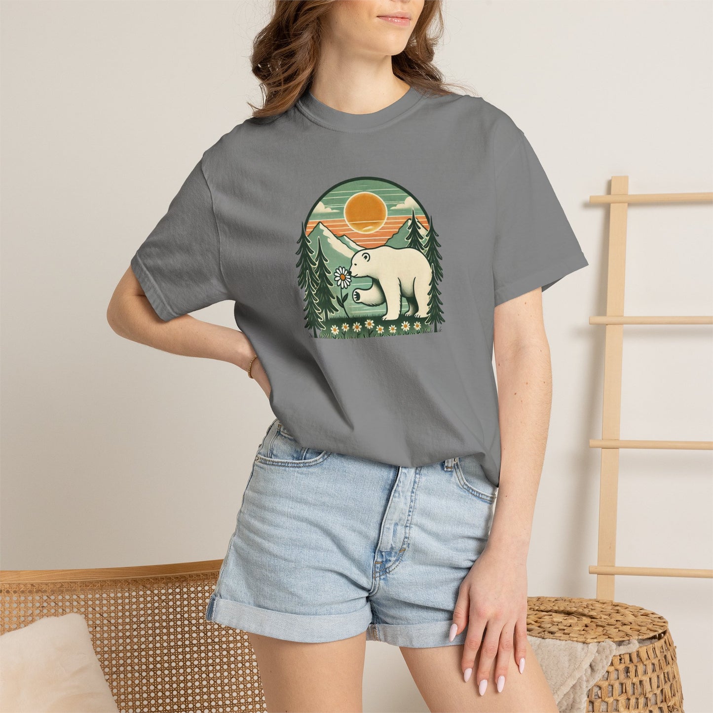 Polar Bear Daisy Sunset Comfort Colors Tee