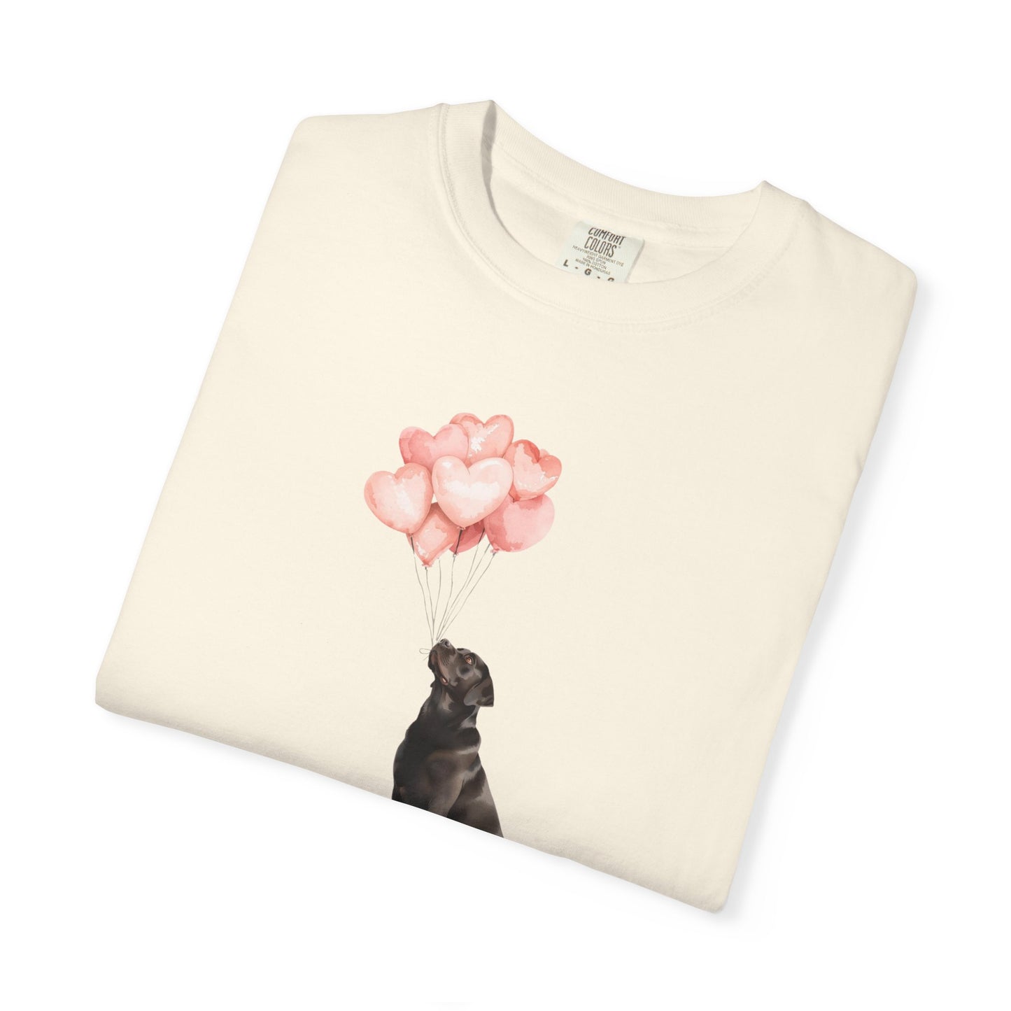 Black Labrador with Heart Balloons Comfort Colors Tee