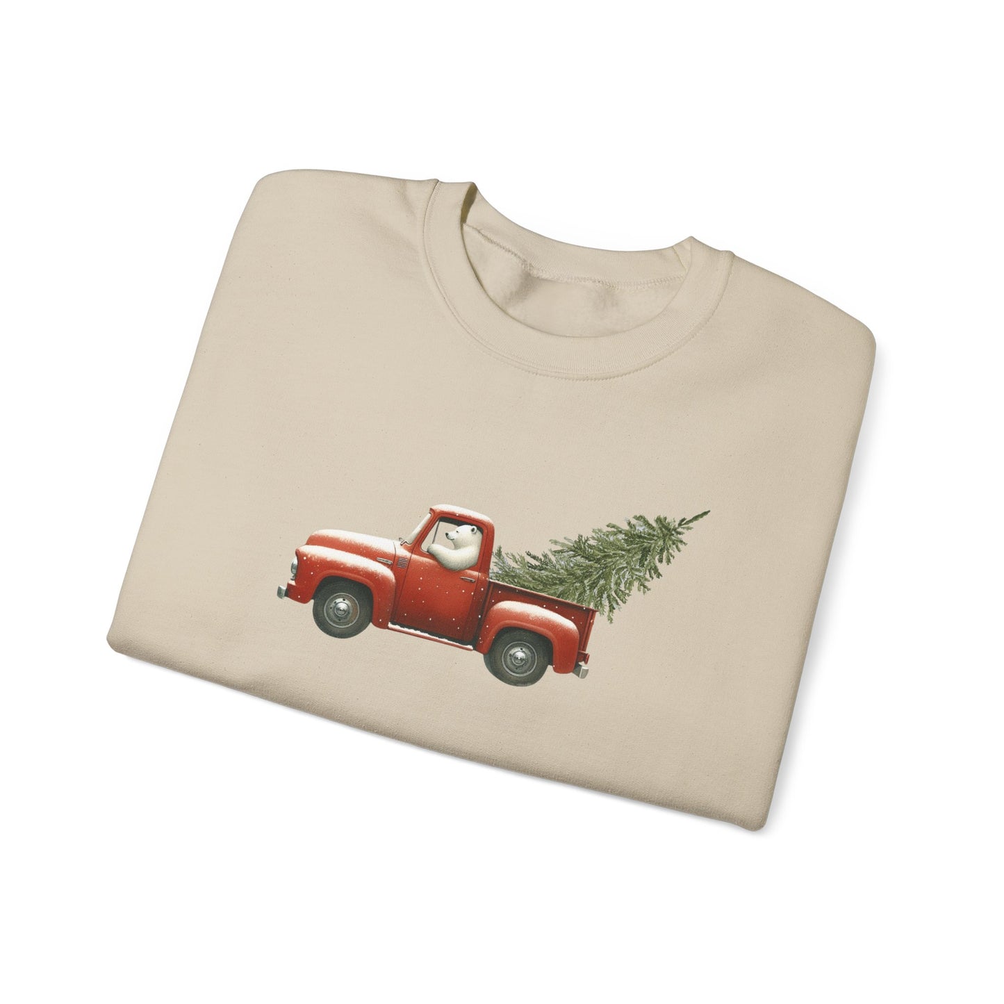 Snowy Christmas Ride, Polar Bear Red Truck Design Sweatshirt