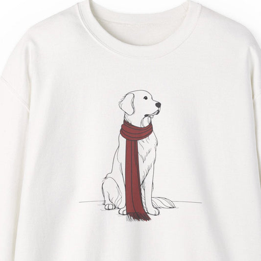 White sweatshirt with a dog wearing a red scarf design on a white background