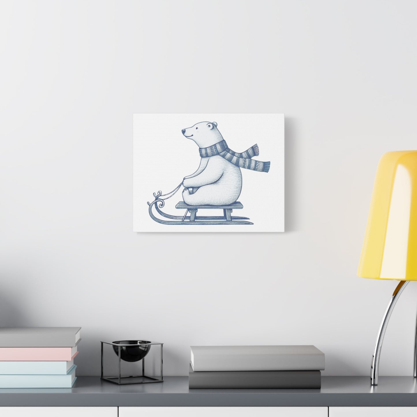 Polar Bear on Sled, Cozy Winter Wall Art, Nordic Christmas Canvas
