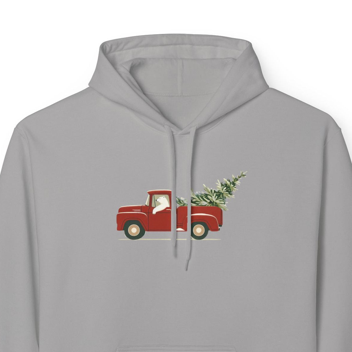 Gray hoodie with a red truck and Christmas tree design on a white background