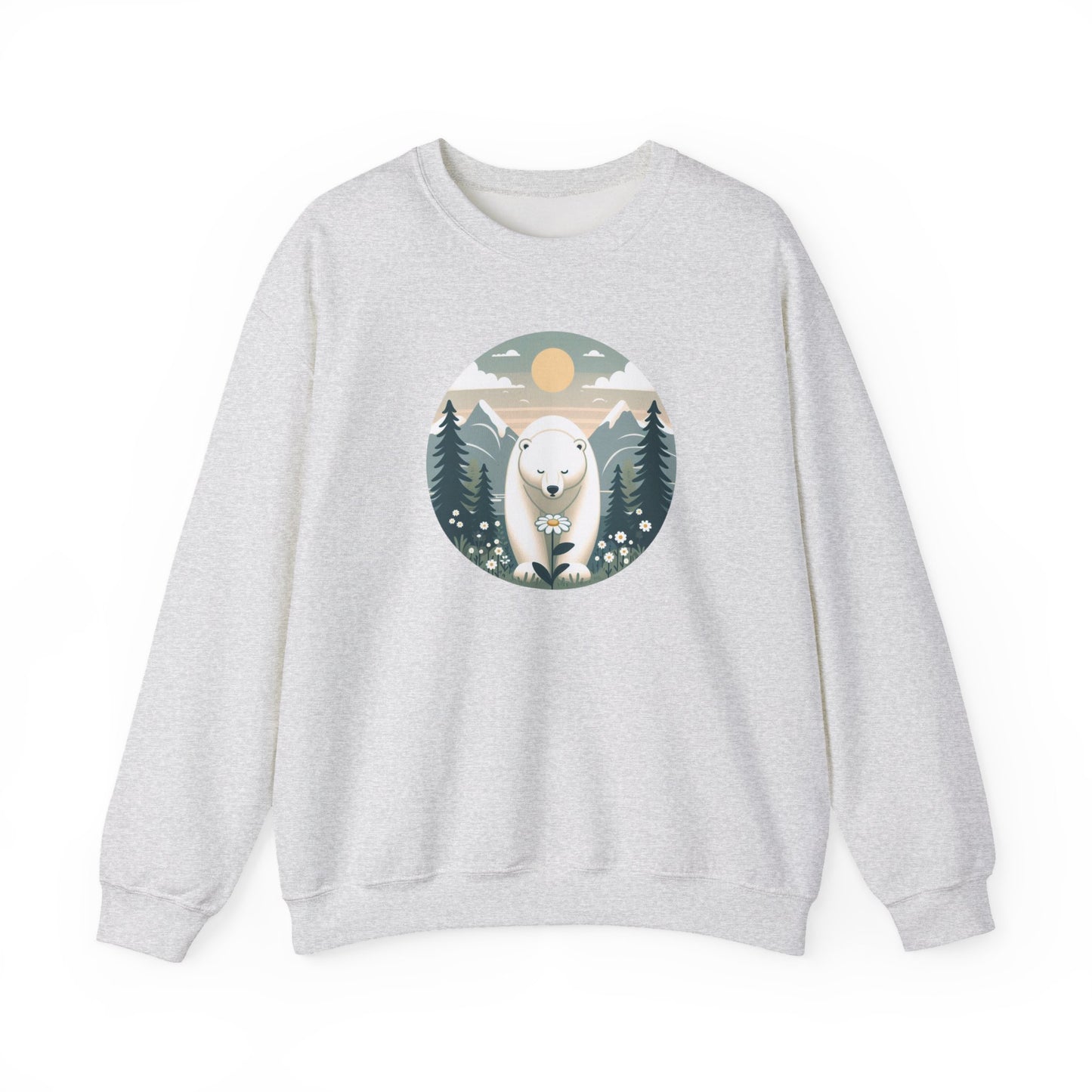 Gray sweatshirt with a polar bear graphic on a white background