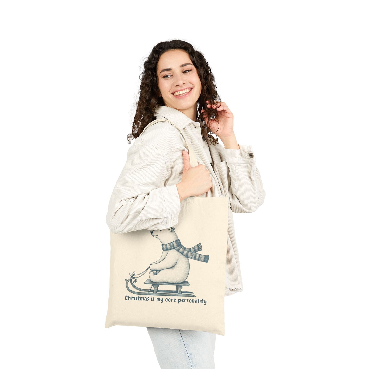 Christmas is My Core Personality Tote Bag, Polar Bear Winter Canvas Market Bag, Holiday Shopping Tote