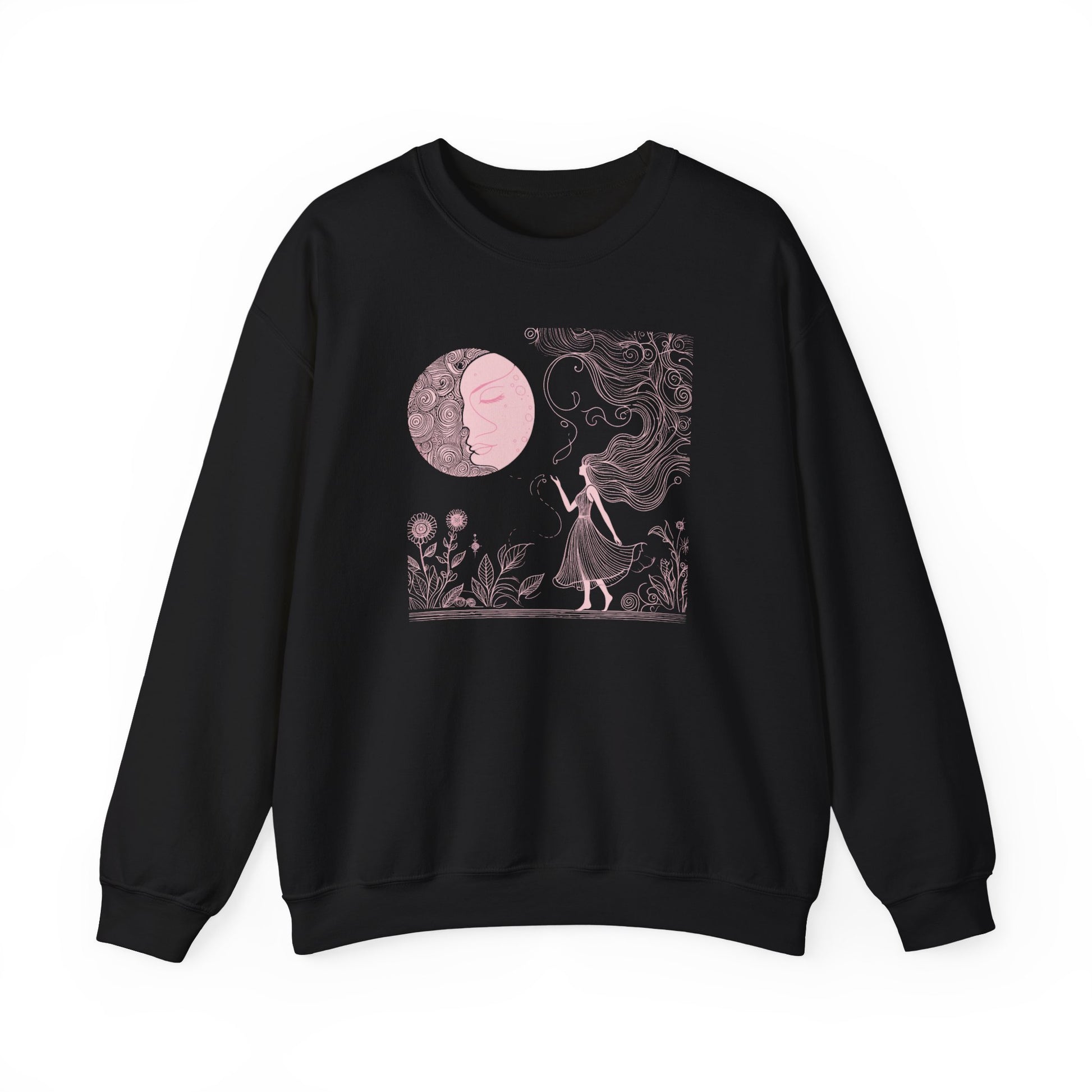 Black sweatshirt with a graphic design of a woman and moon on a white background