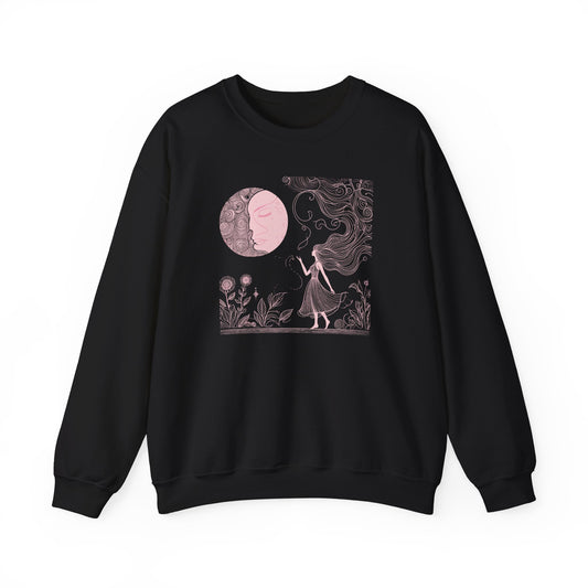 Black sweatshirt with a graphic design of a woman and moon on a white background
