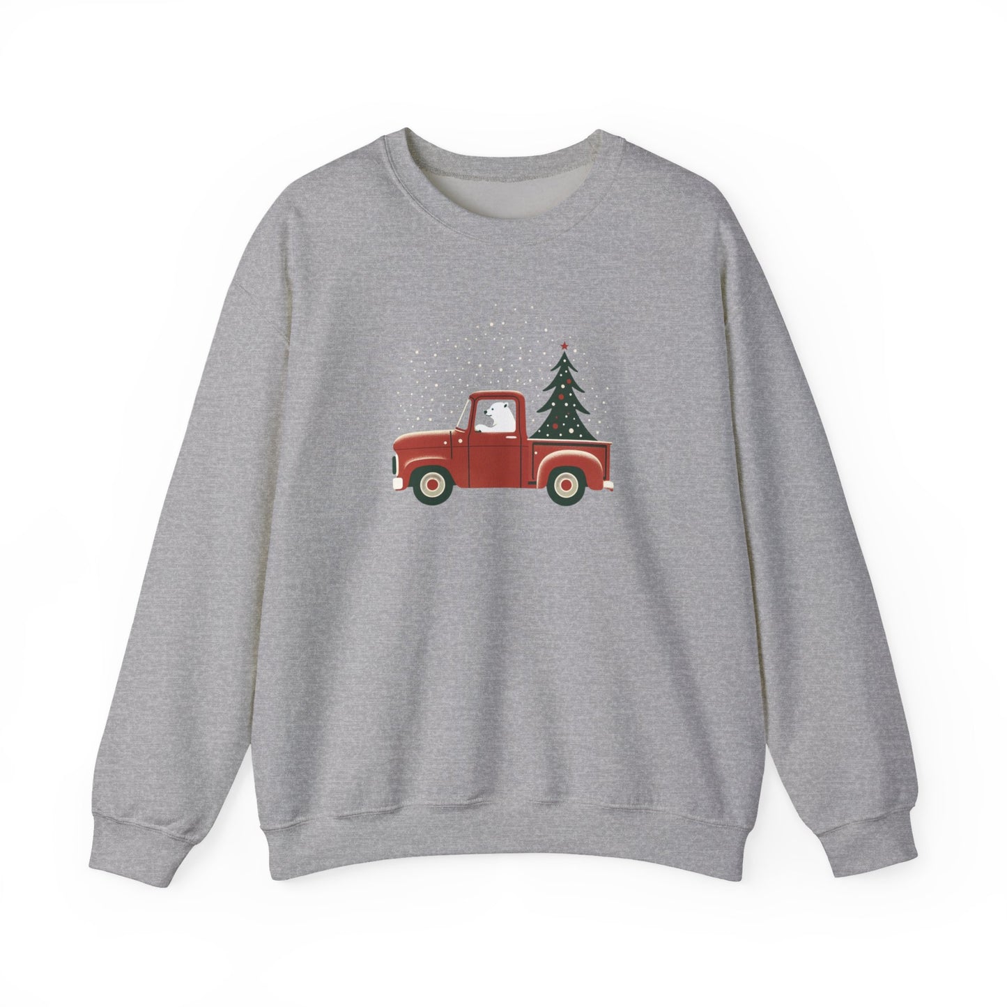 Gray sweatshirt with a red truck and Christmas tree design on a white background