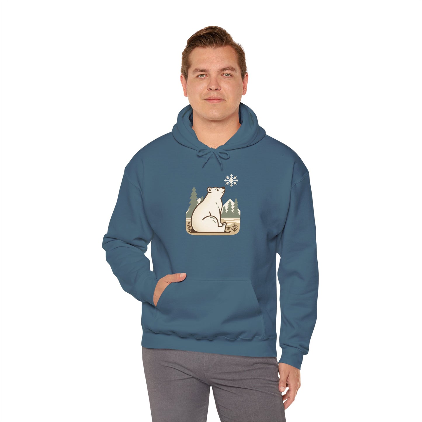 Polar Bear in Pines Hoodie, Heavyweight Winter Sweatshirt, Minimalist Nature Graphic