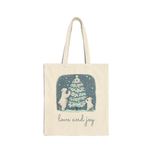 Love and Joy Christmas Tote Bag Double Sided | Polar Bear Holiday Tote