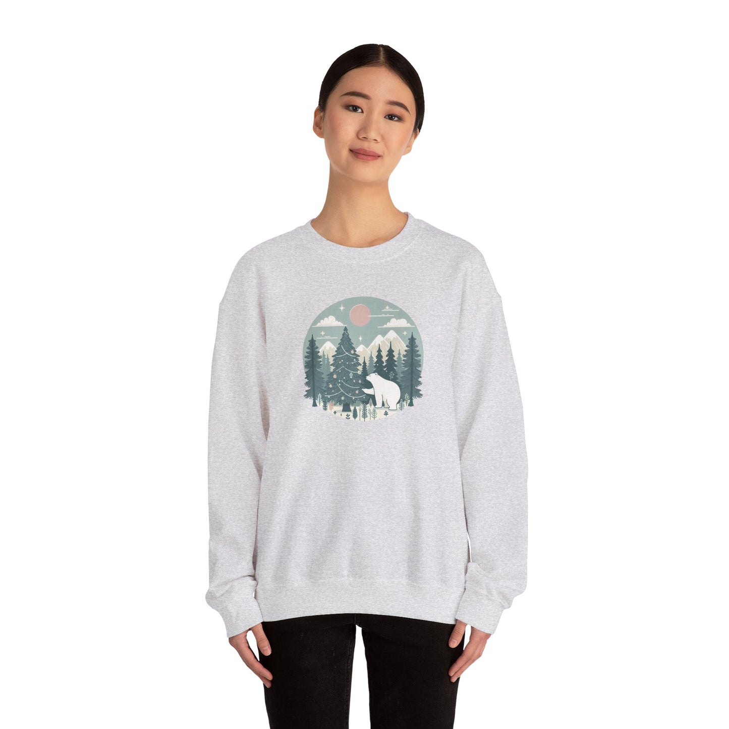 Polar Bear Decorating the Christmas Tree- Winter Forest Graphic Crewneck