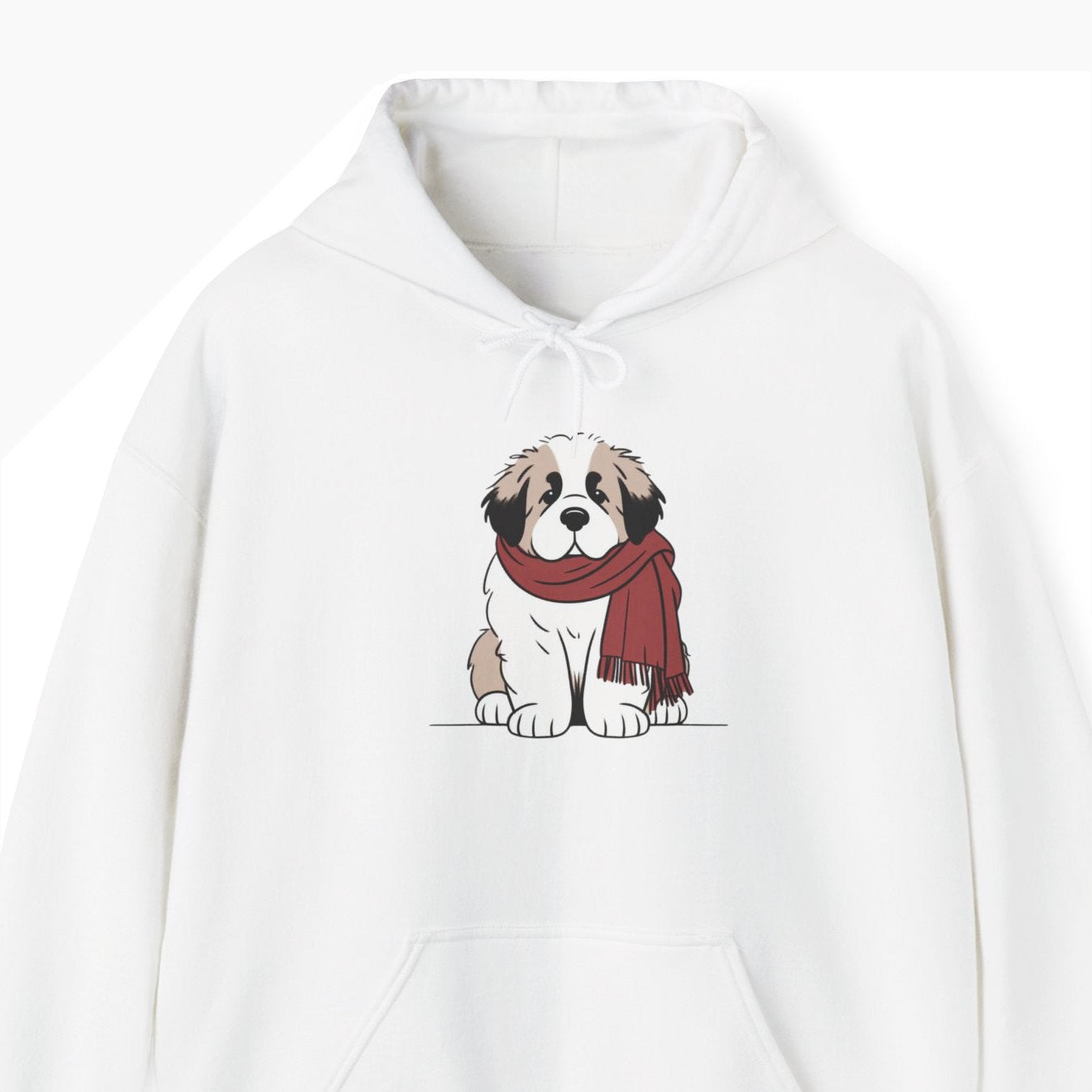 White hoodie with a dog wearing a red scarf design on a white background