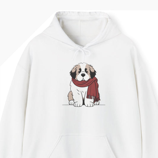 White hoodie with a dog wearing a red scarf design on a white background