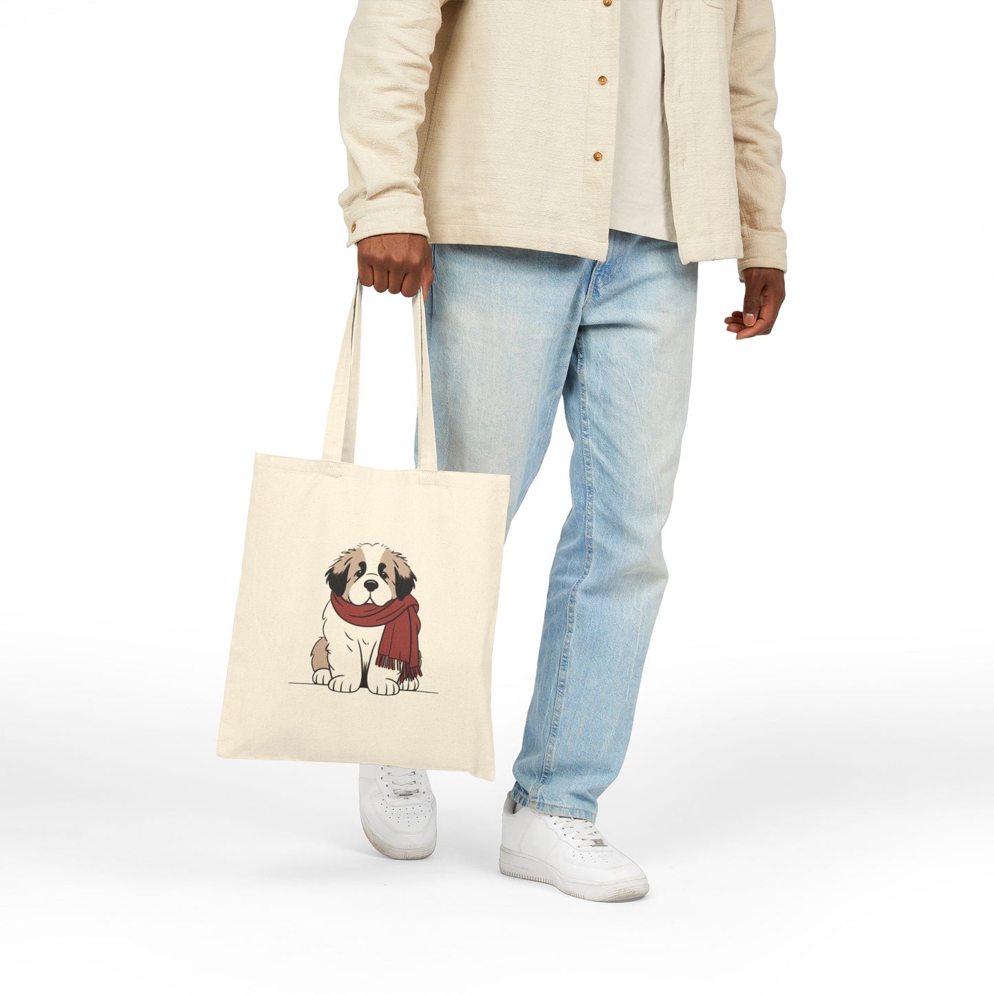 Saint Bernard Puppy Scarf Bear Premium Canvas Tote | Cozy Den Edition