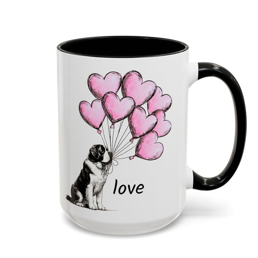 Mug with a design of a Saint Bernard  dog holding pink heart balloons and the word 'love'.