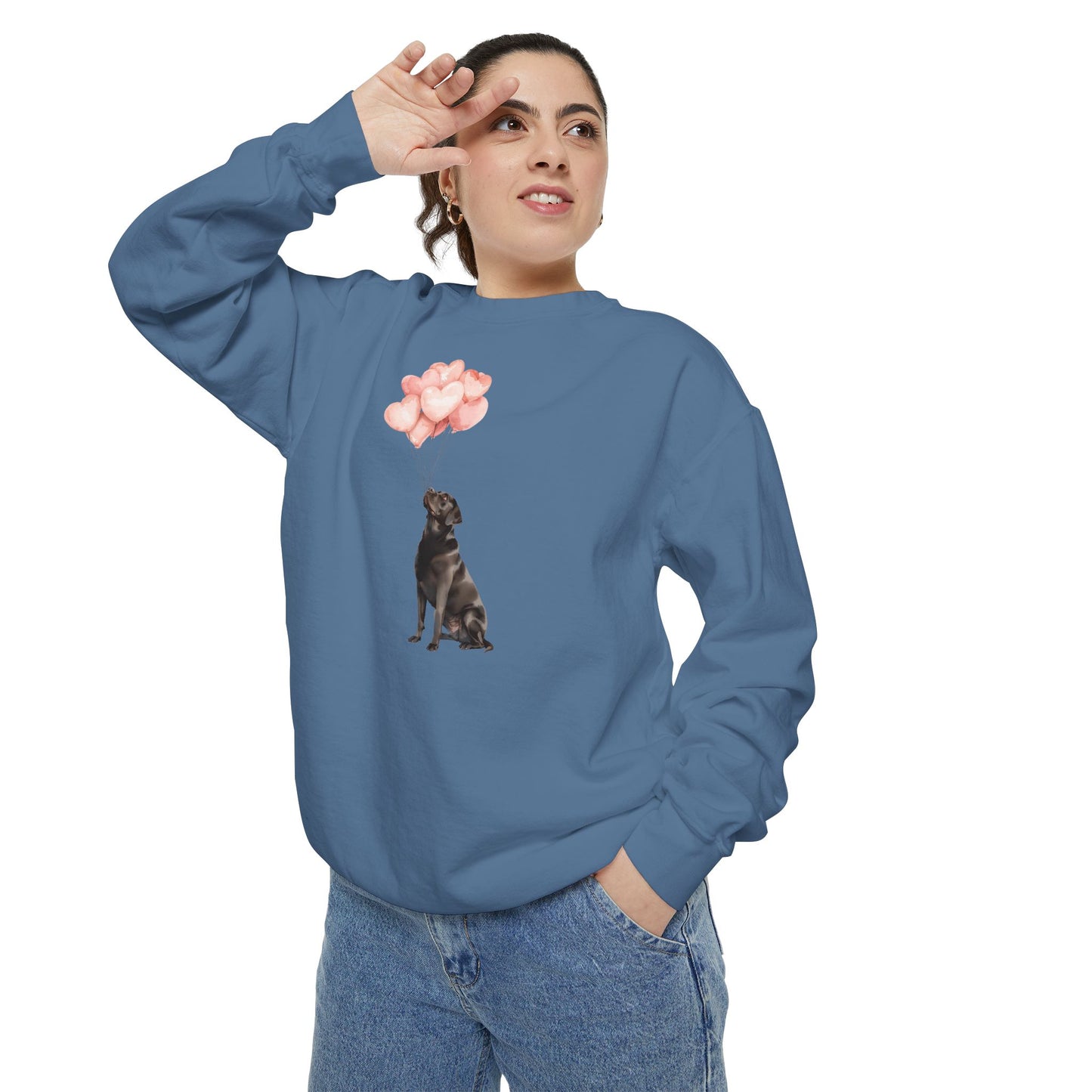 Black Labrador with Heart Balloons Comfort Colors Sweatshirt