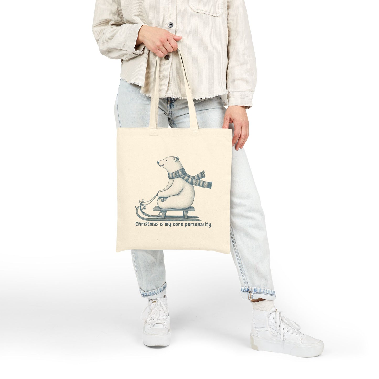 Christmas is My Core Personality Tote Bag, Polar Bear Winter Canvas Market Bag, Holiday Shopping Tote