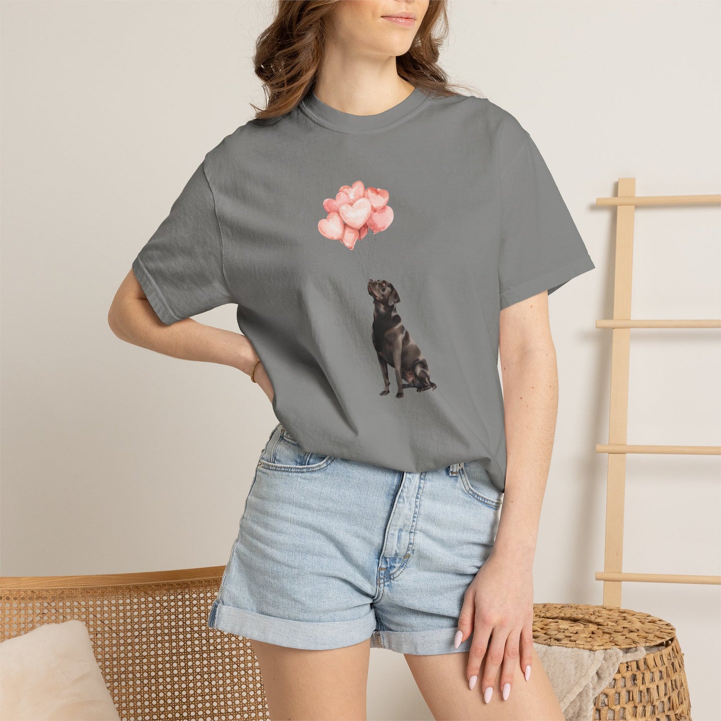 Black Labrador with Heart Balloons Comfort Colors Tee