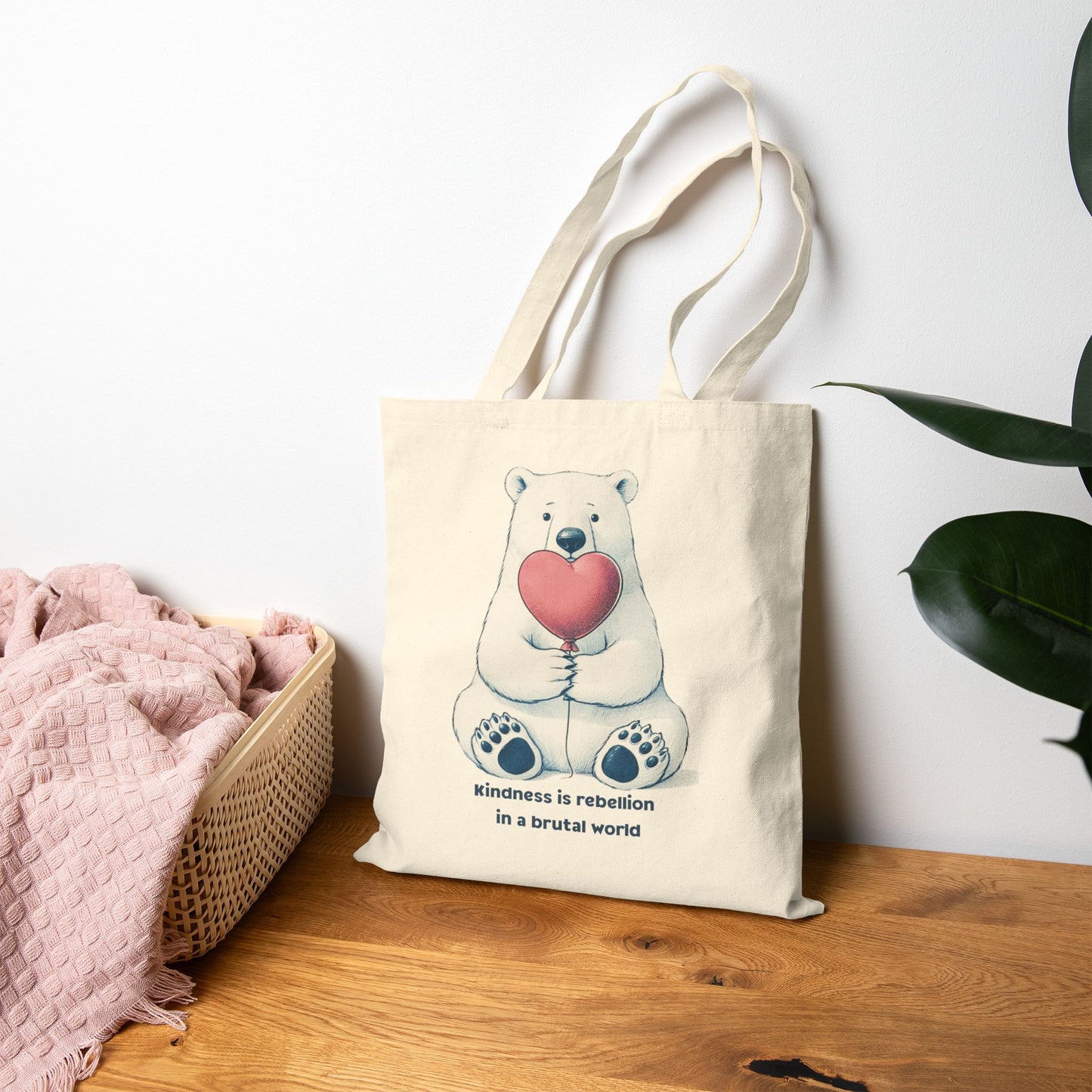 Kindness is Rebellion Tote Bag, Polar Bear with Heart Canvas Bag, Inspirational Quote Market Tote