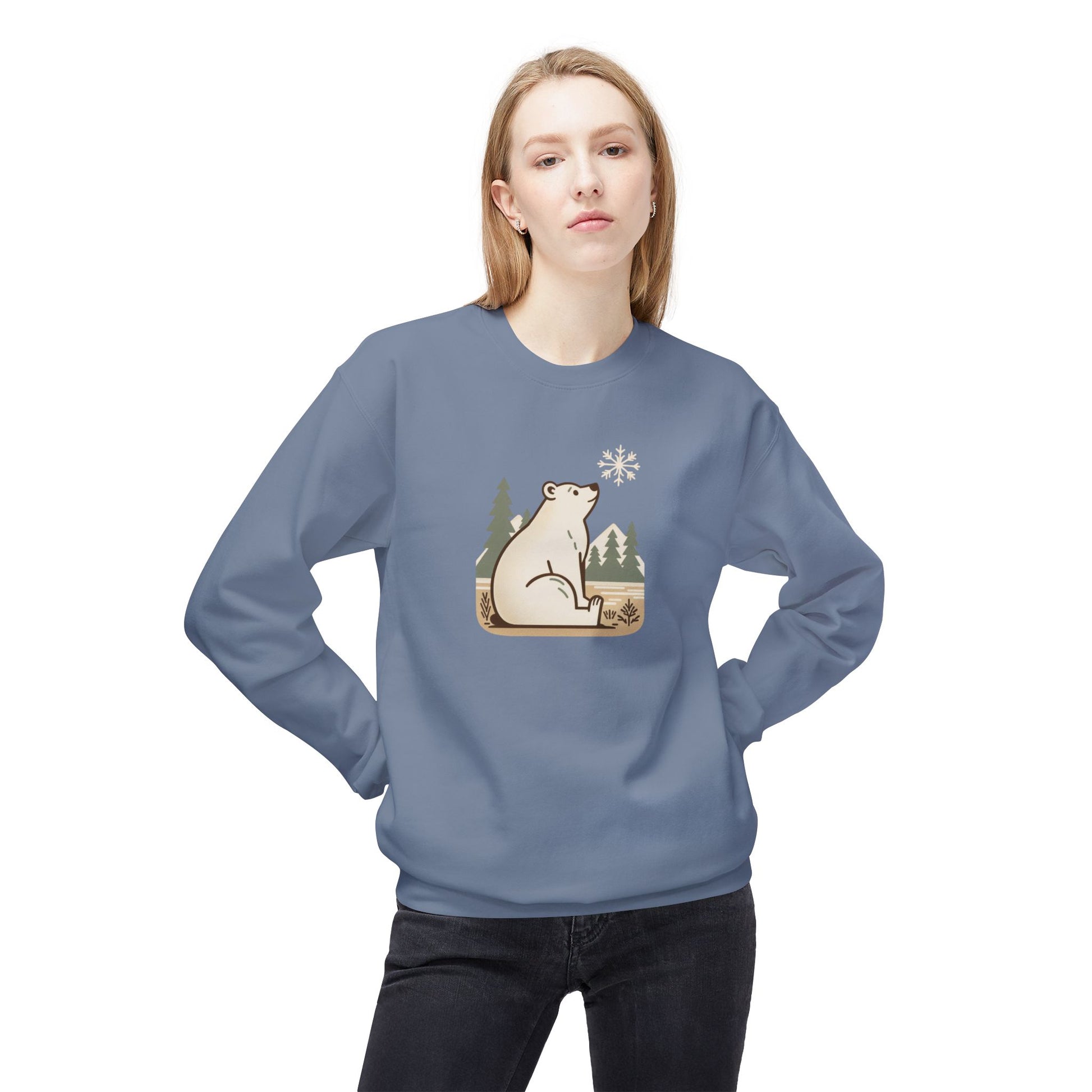 Person wearing a blue sweatshirt with a bear graphic on a white background