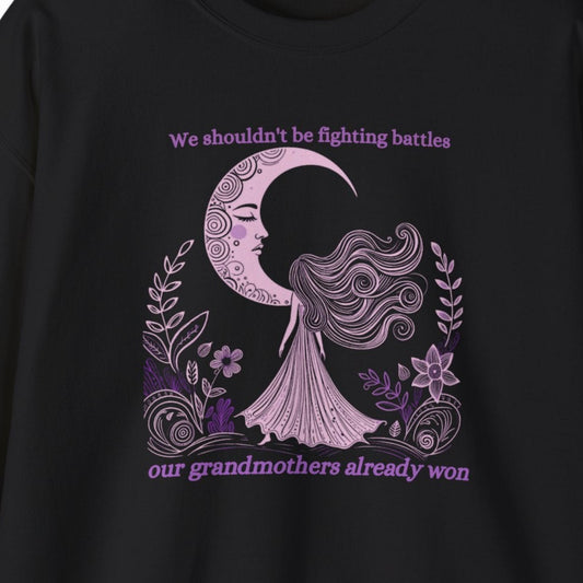 Black sweatshirt with white text on a white background