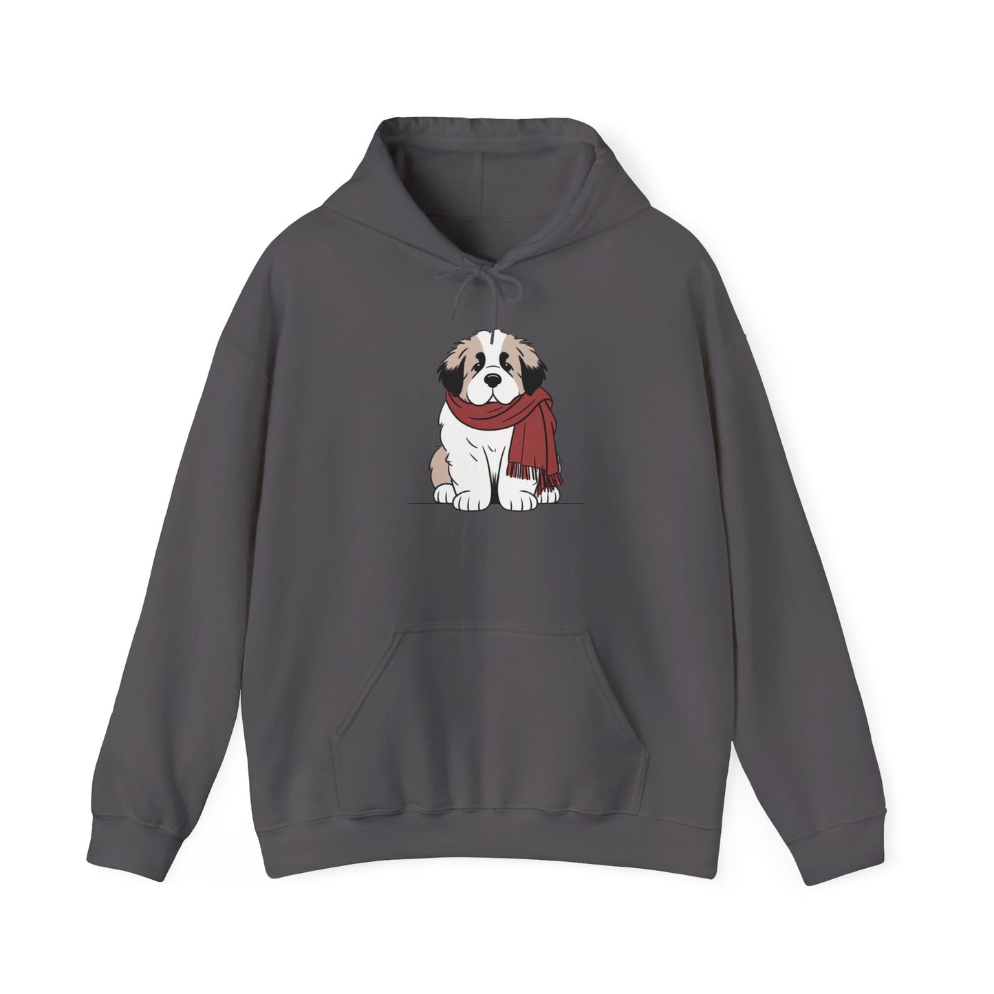 Gray hoodie with a dog graphic wearing a red scarf on a white background
