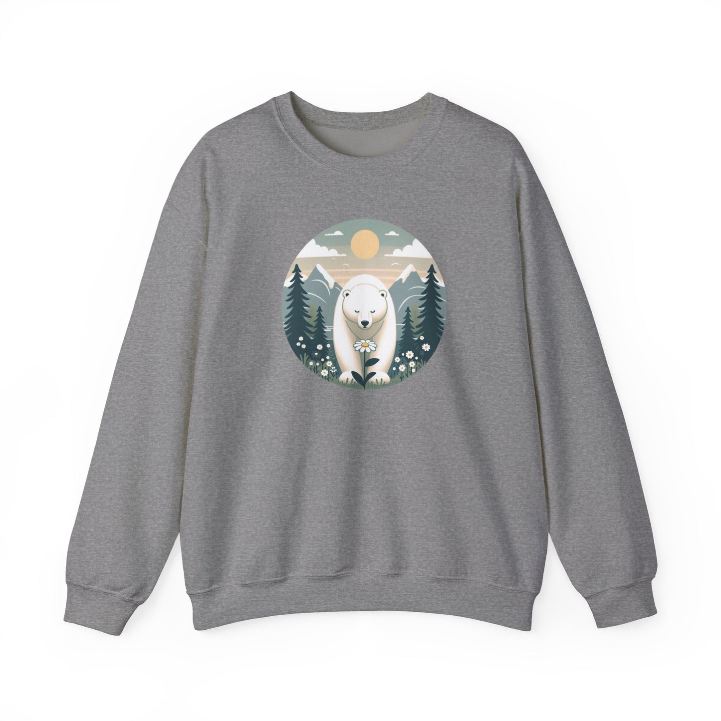 Gray sweatshirt with a polar bear graphic on a white background