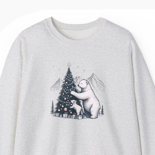 Gray sweatshirt with a graphic of a polar bear family and a tree on a white background