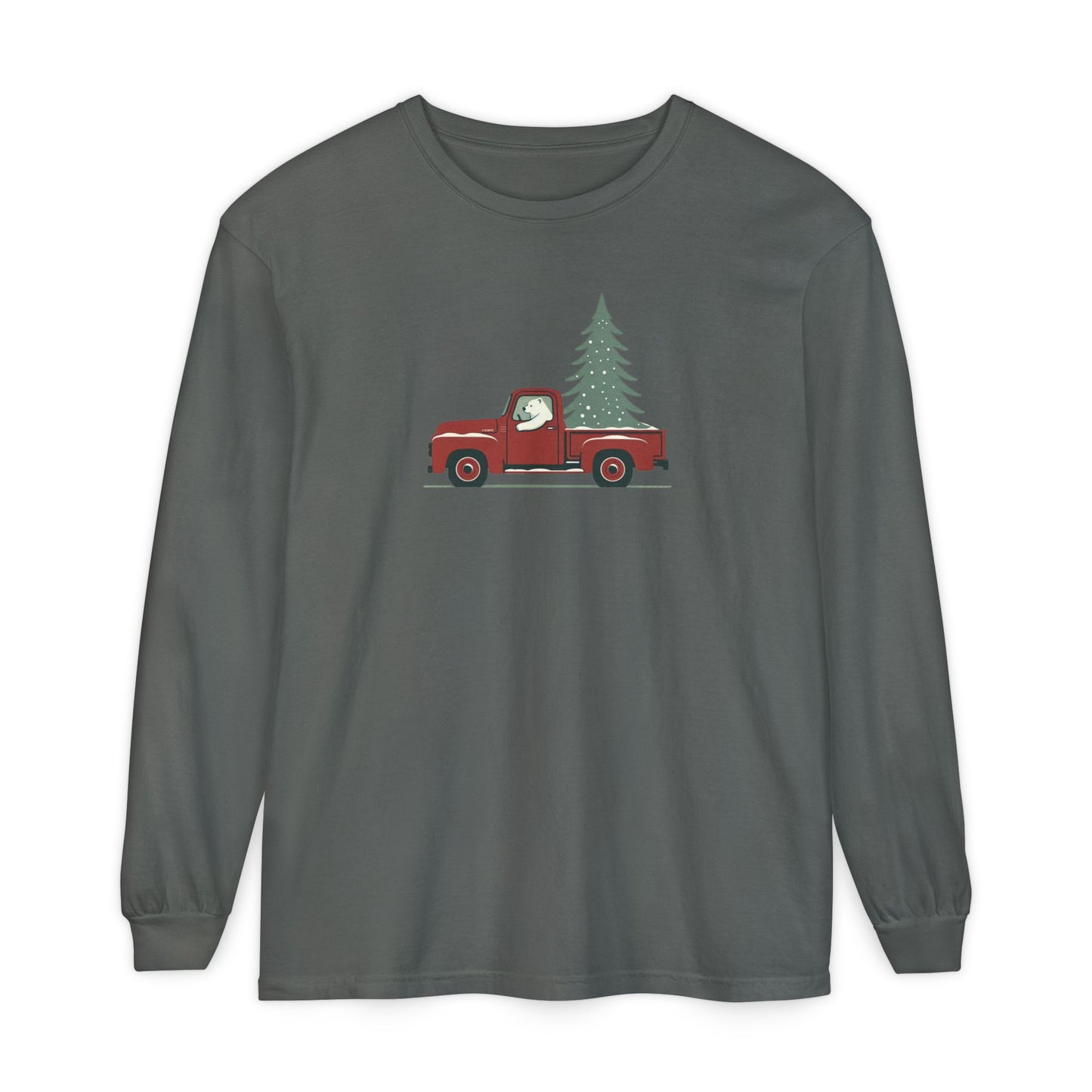 Polar Bear Evergreen Run, Vintage Red Christmas Truck Comfort Colors Long Sleeve Tee