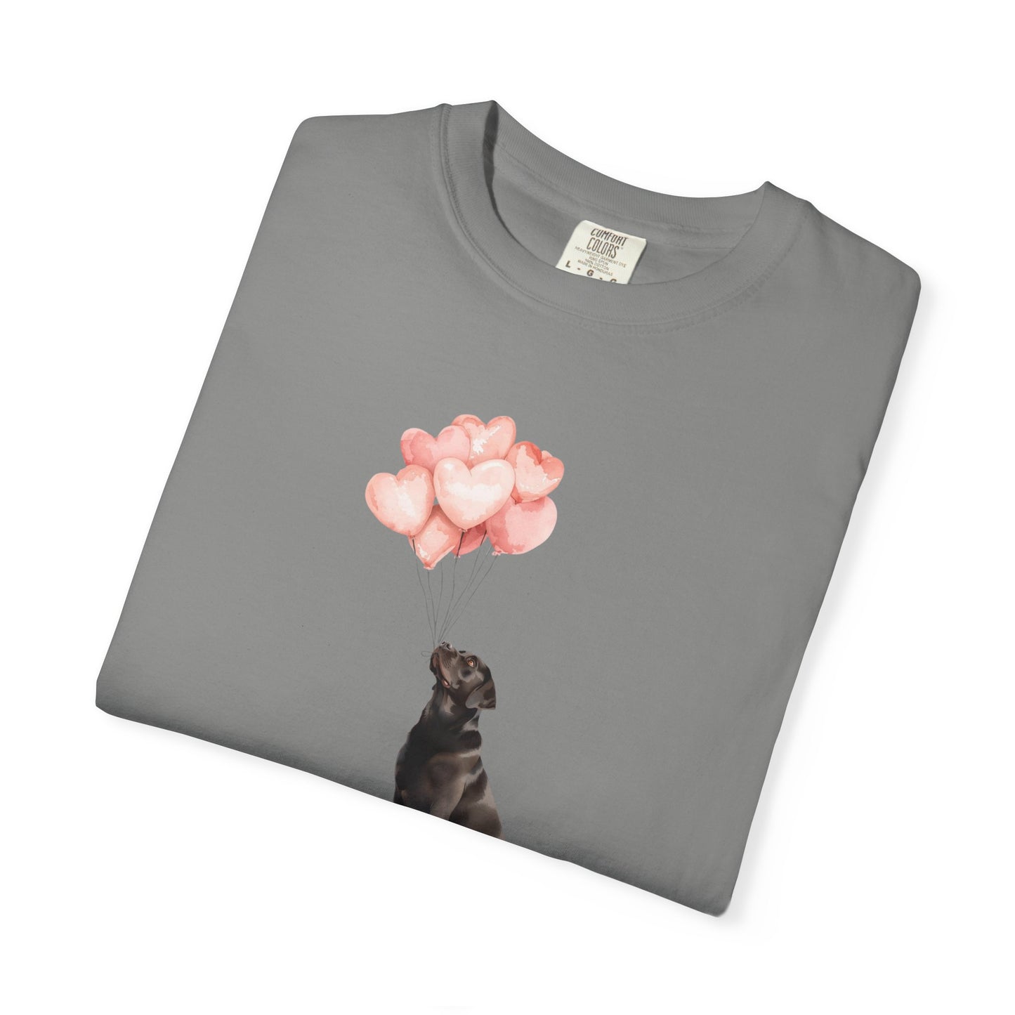 Black Labrador with Heart Balloons Comfort Colors Tee