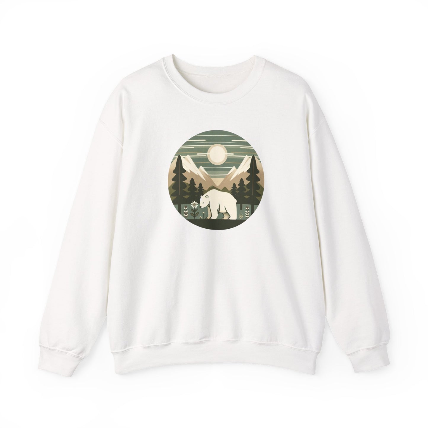 White sweatshirt with a graphic of a polar bear and mountains on a white background