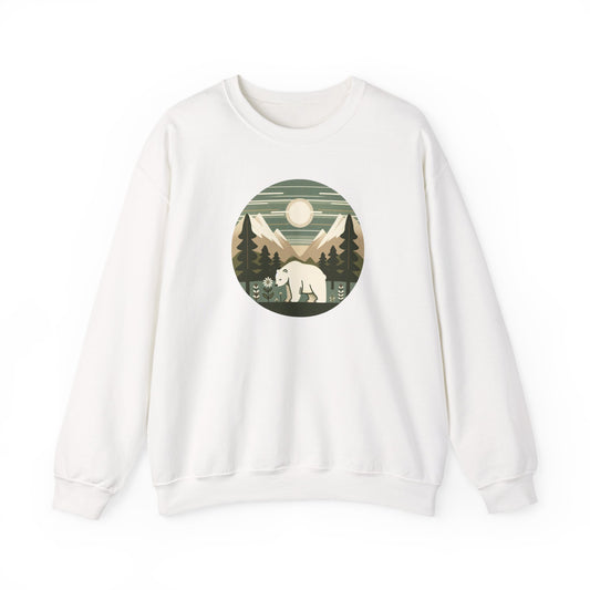 White sweatshirt with a graphic of a polar bear and mountains on a white background