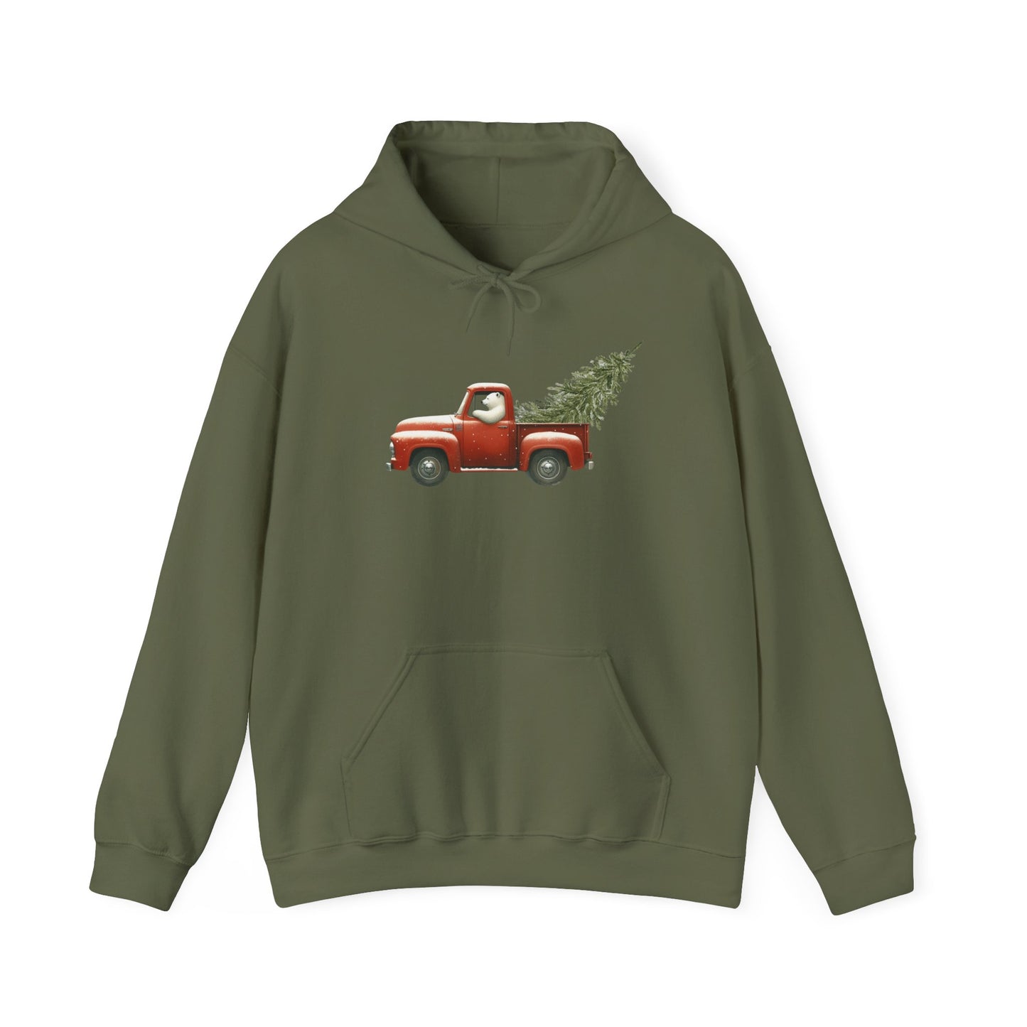 Snowy Christmas Ride, Polar Bear Red Truck Design Heavyweight Hoodie
