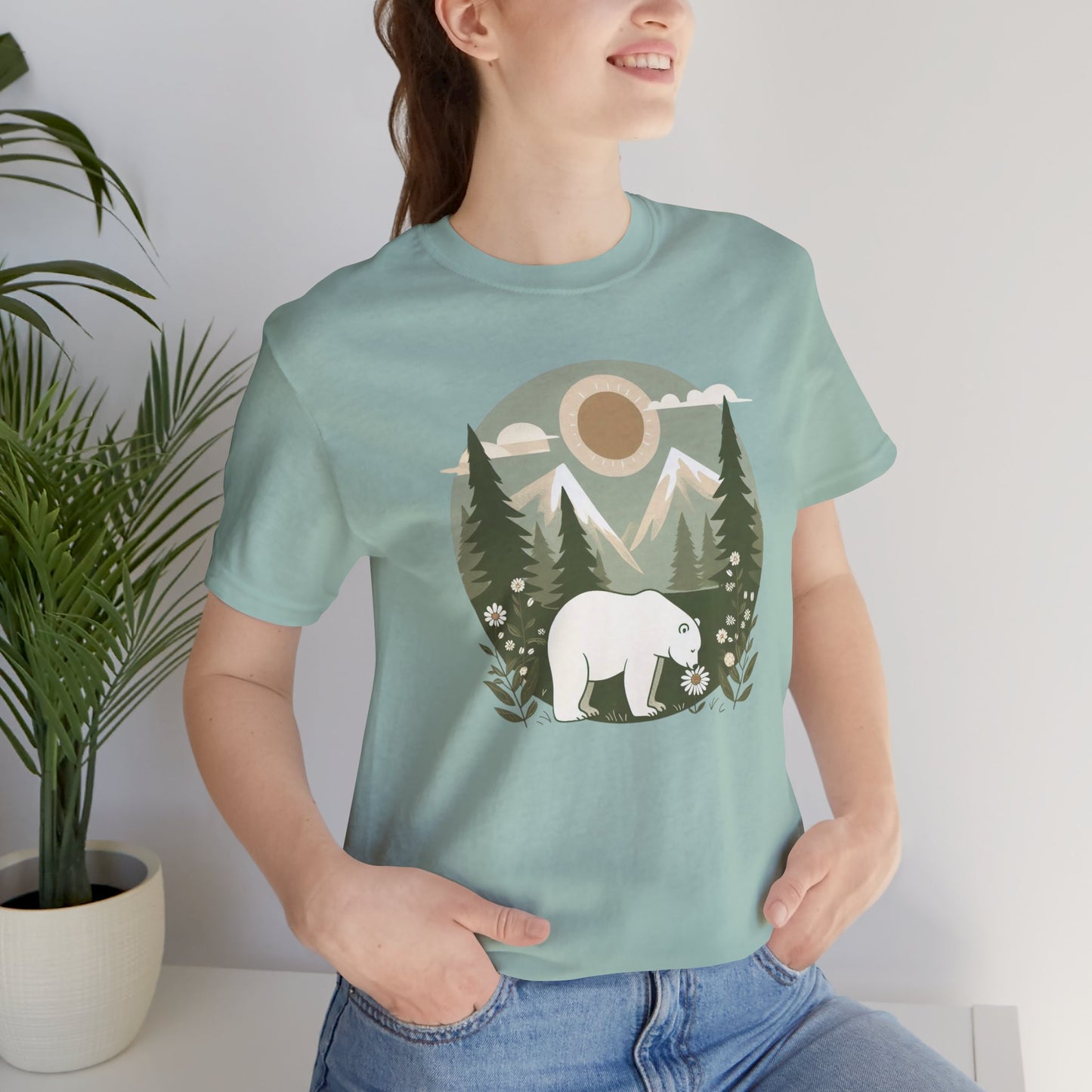 Polar Bear & Daisy Tee – Serene Nature Graphic Shirt for Animal Lovers