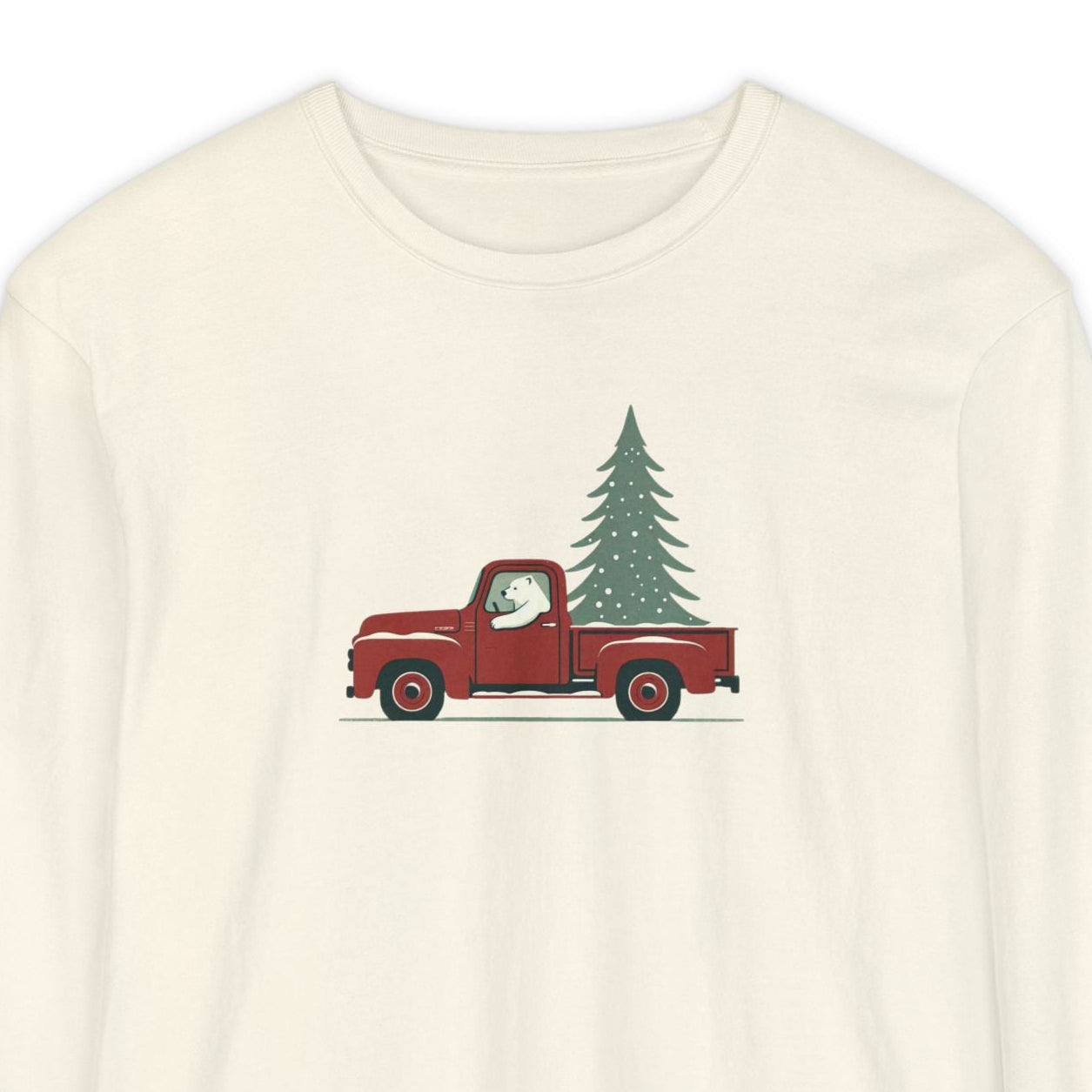 White sweatshirt with a red truck and Christmas tree graphic on a white background