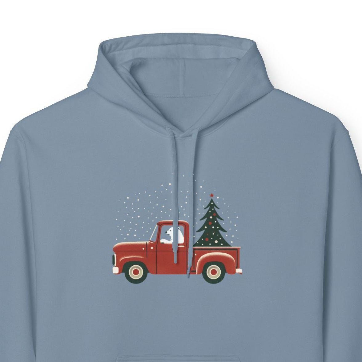 Blue hoodie with a red truck and Christmas tree design on a white background