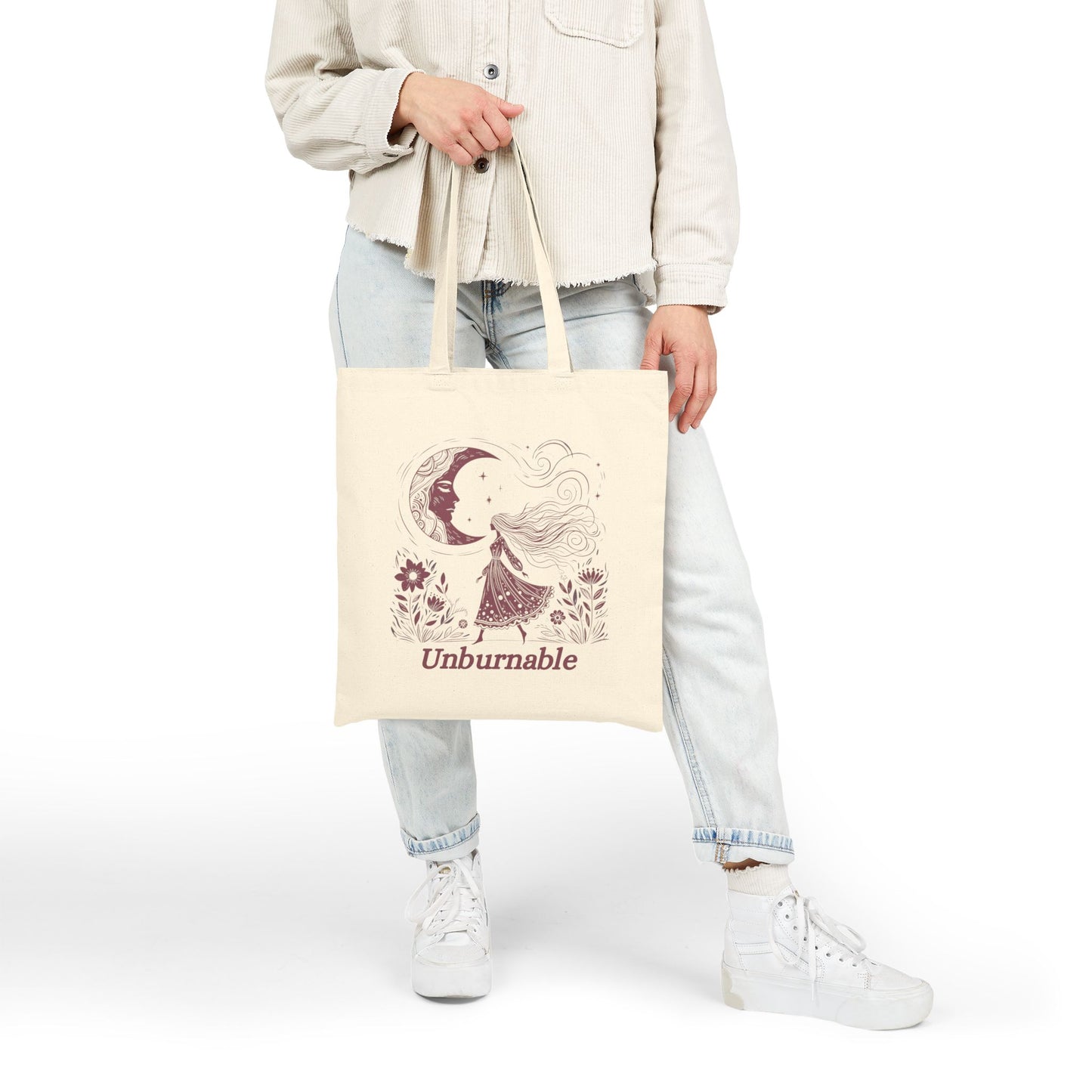 Unburnable Tote Bag, Feminist Moon Goddess Canvas Bag, Women’s Empowerment Quote Tote
