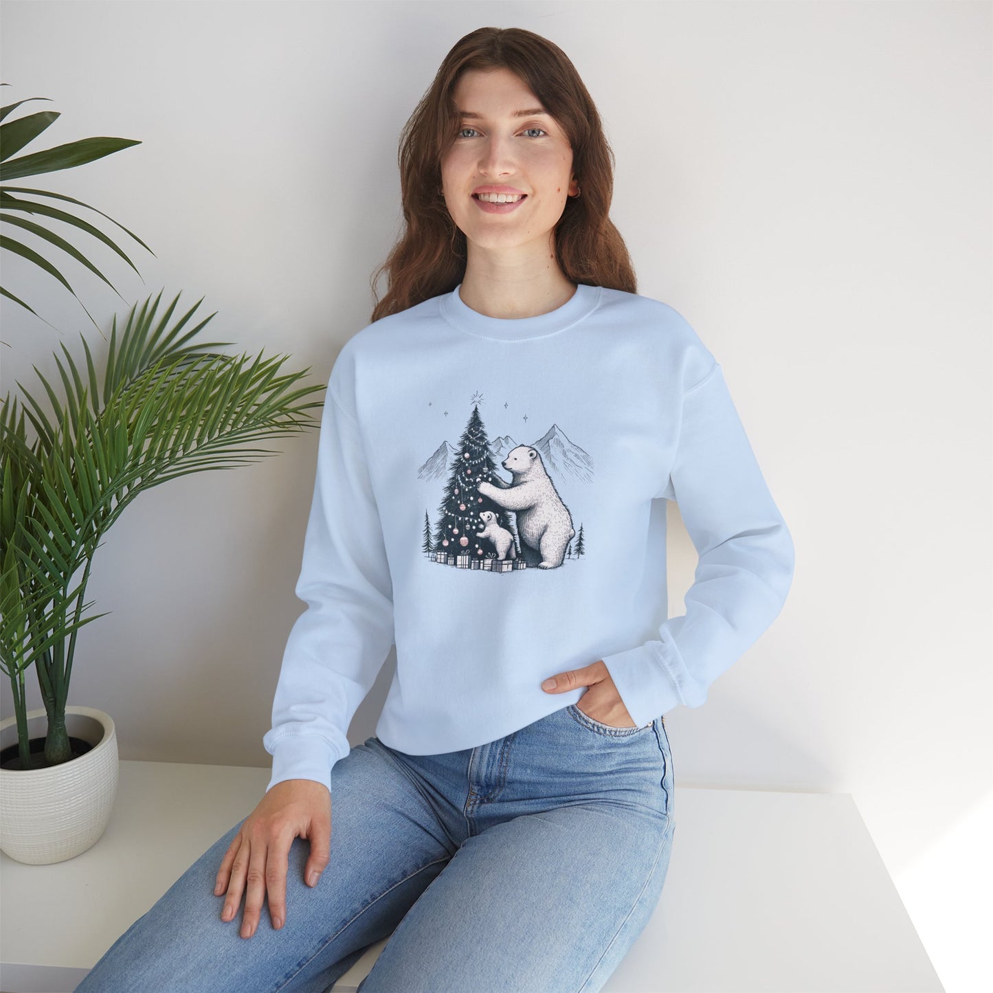 Winter Pine Bears Heavyweight Sweatshirt, Vintage Christmas Tree Scene