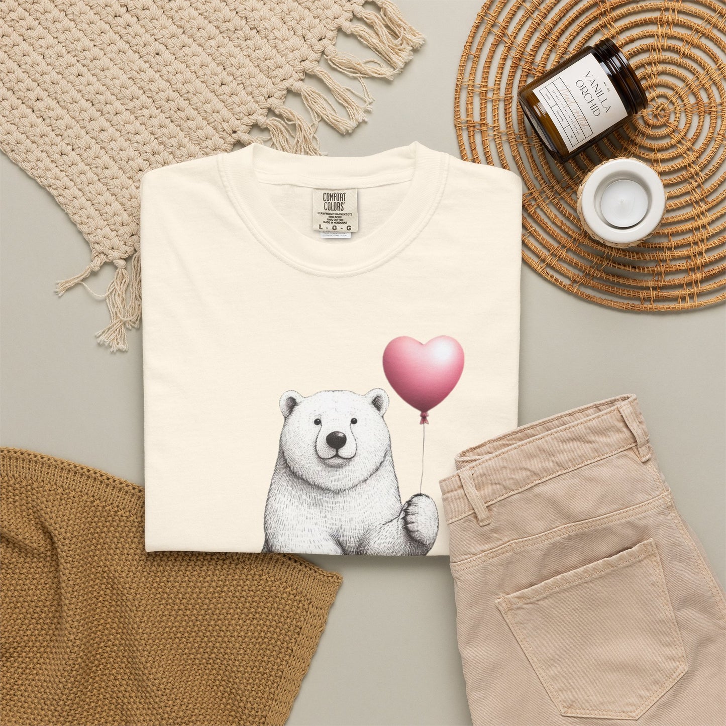 Sketch Polar Bear Heart Balloon Comfort Colors Tee