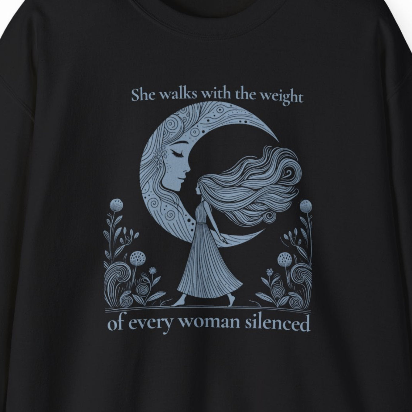 Black sweatshirt with a graphic design and text on a white background