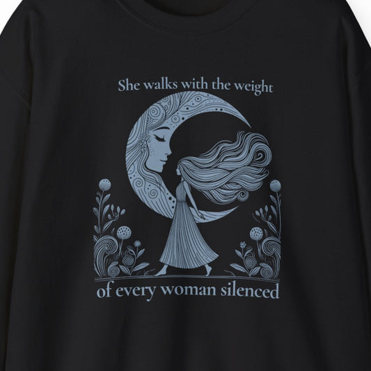 Black sweatshirt with a graphic design and text on a white background