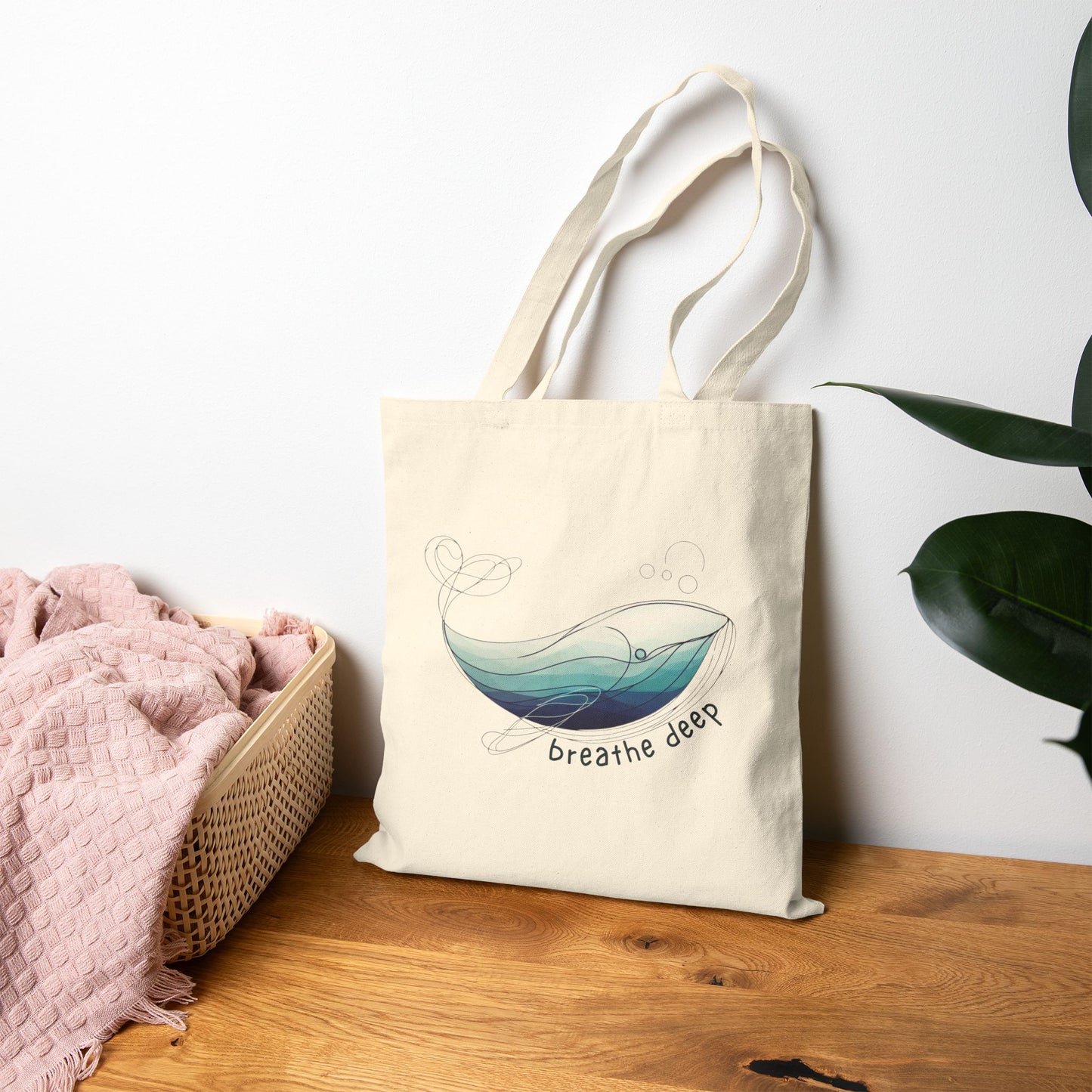 Breathe Deep Whale Tote Bag, Ocean Inspired Eco-Friendly Reusable Shopping Bag, Mindful Living Beach Tote