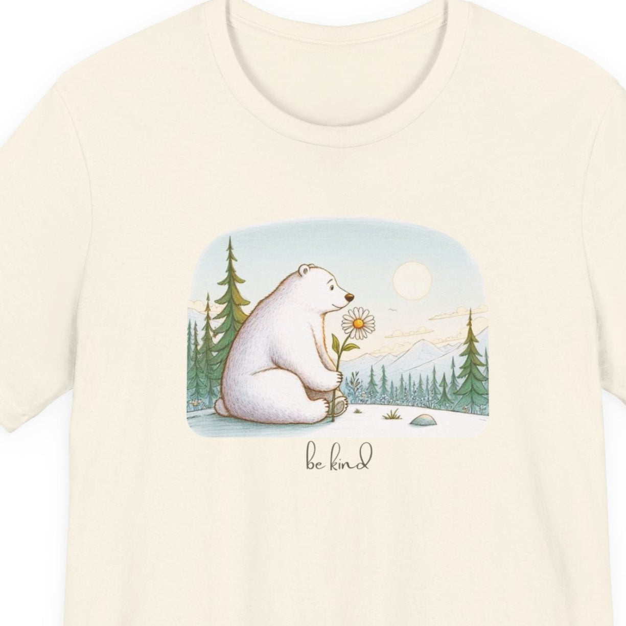Beige t-shirt with a bear holding a flower graphic on a white background