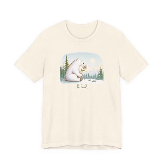 Beige t-shirt with a bear holding a flower graphic on a white background